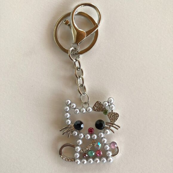No Brand Accessories - Sparkly Cat Keychain Purse Charm Silver Pearl Rhinestone Kitty Bag Gift